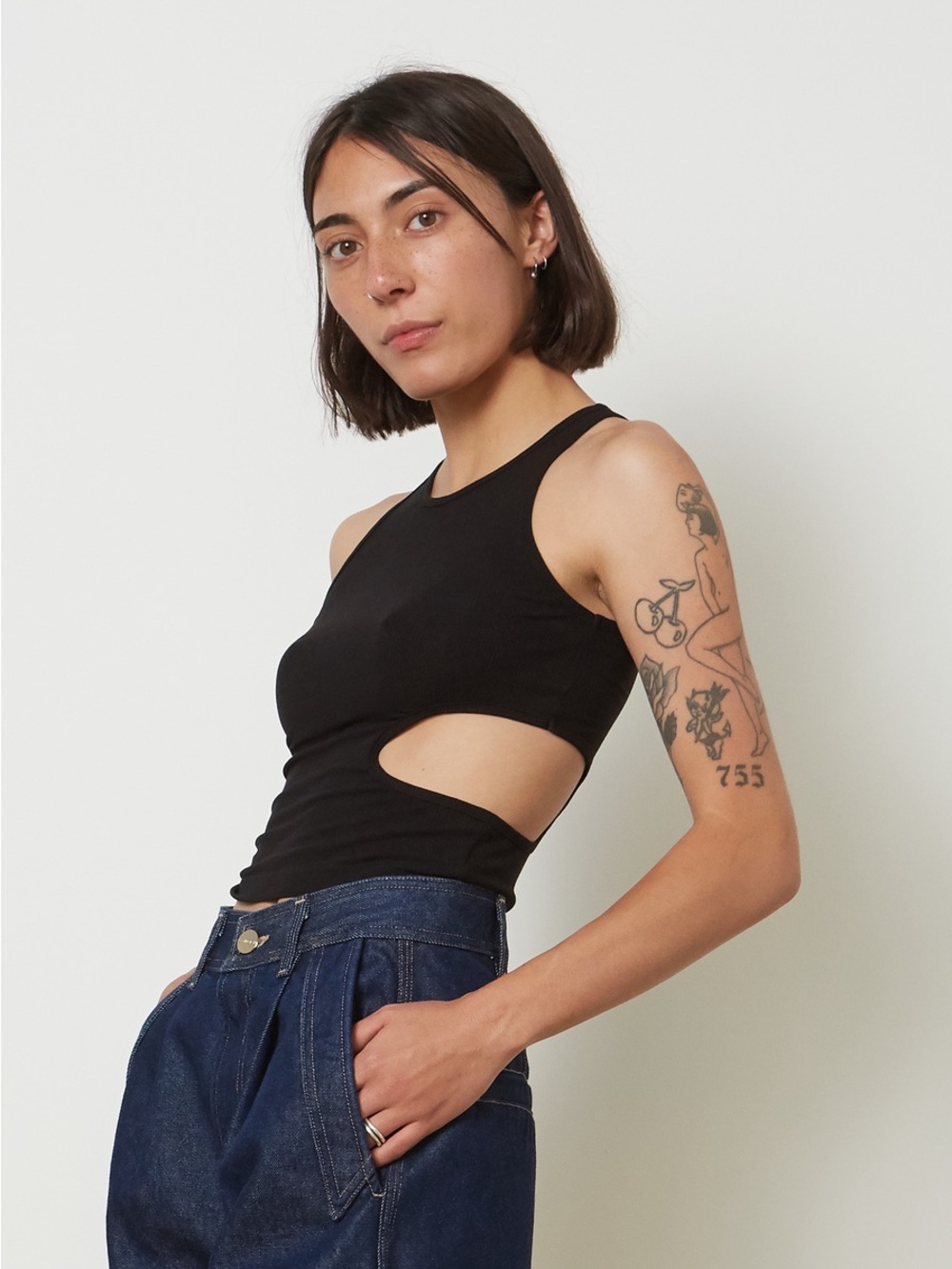 Sandy Liang Black Ribbed Asymmetric Cutout Tank